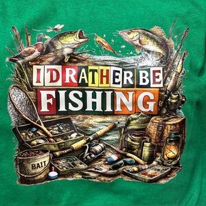 NEW Green 'I'd Rather Be Fishing' Graphic Tee for Fish Enthusiasts size XL